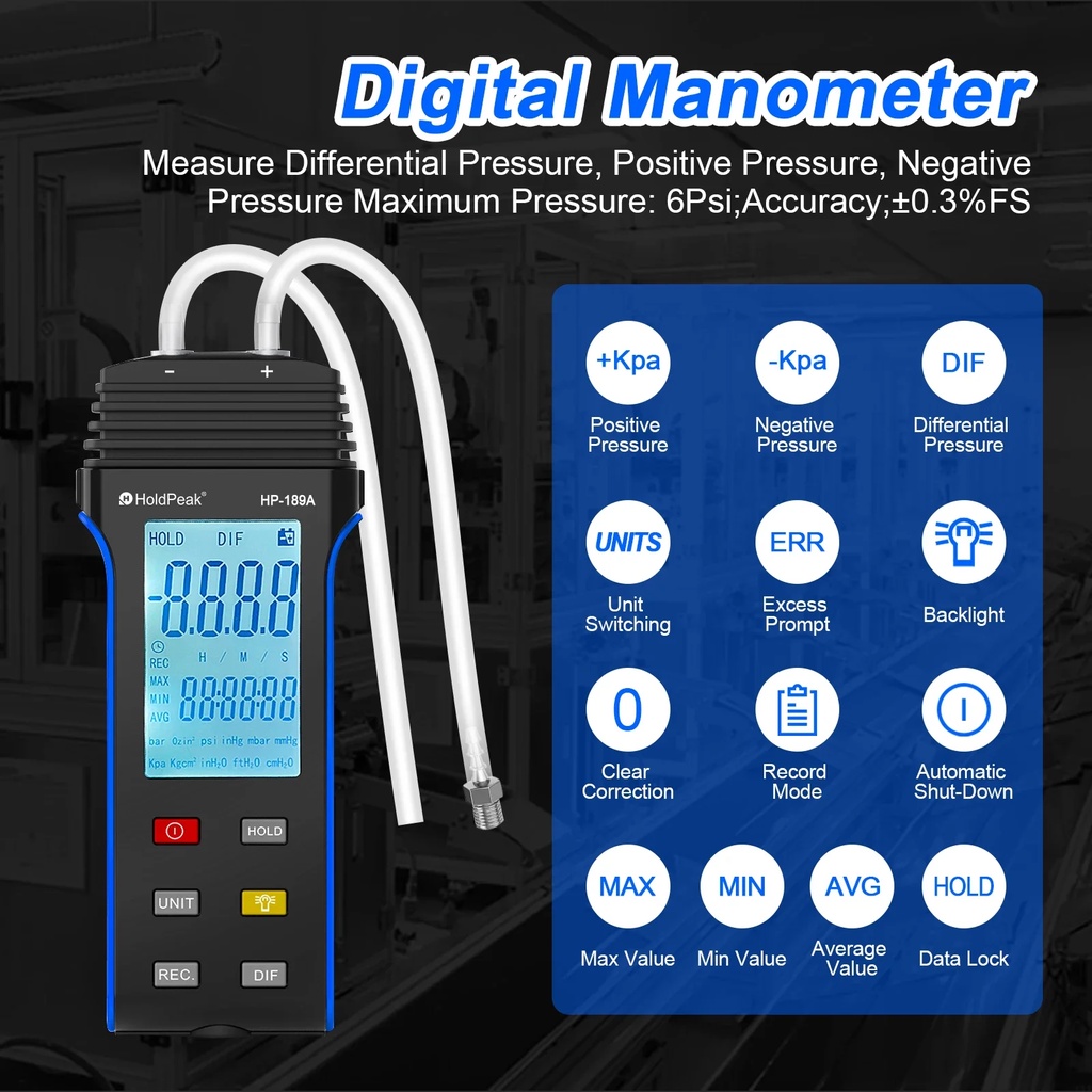 SAN HP-189A Digital Manometer, Dual-Port Gas Pressure Tester with LCD Display & Backlight for Pressu