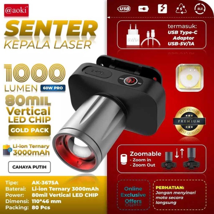 SENTER KEPALA ZOOM AOKI AK-3675A 60W PRO 1000 LUMEN - TAHAN LAMA - ZOOM JARAK JAUH
