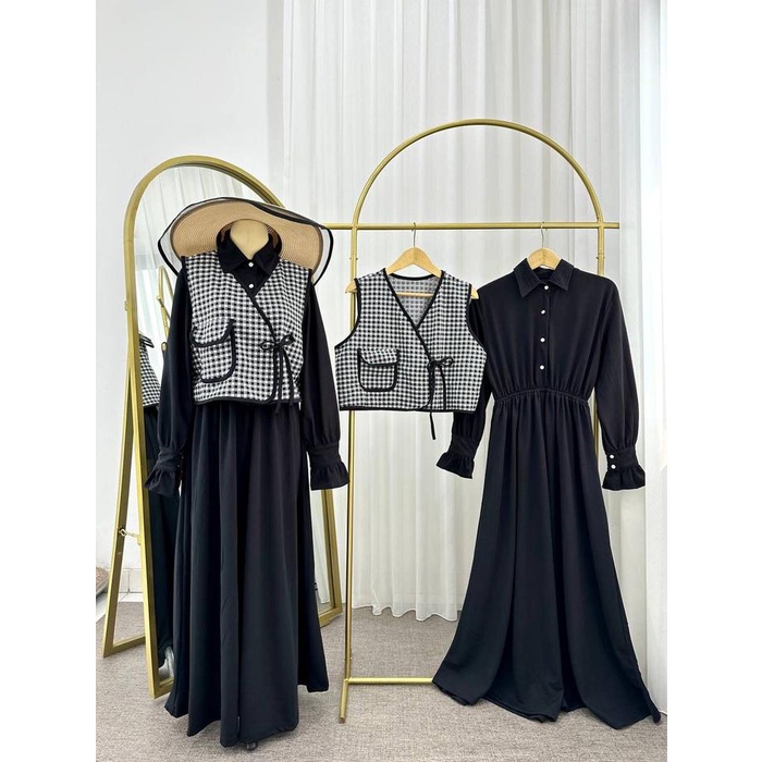 BEST SELLER OT Yoona Dress Gamis Wanita Muslimah Jumbo Overall 2 in 1 Rompi Motif Kotak ala Korea