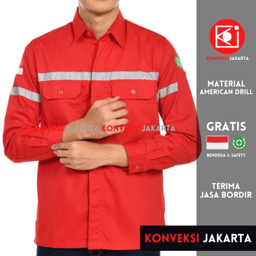 Baju Atasan Seragam Kemeja Proyek Safety K3 Lengan Panjang Merah