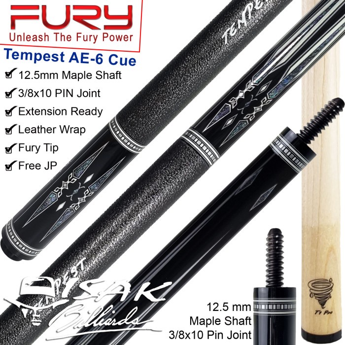 Fury Tempest AE-6 Pool Cue - 12.5mm Tip Stick Billiard Med Deflection