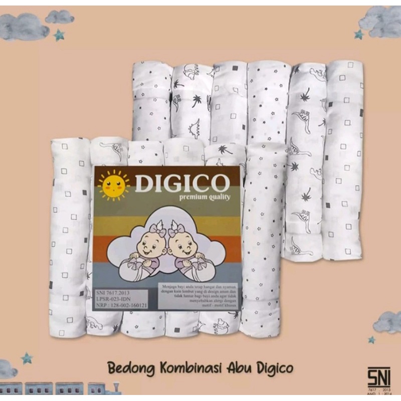 Cuci Gudang ( 6 Pcs )Bedong Bayi Premium Putih Fullprint Merek Digico Ukuran 90 X 110Cm