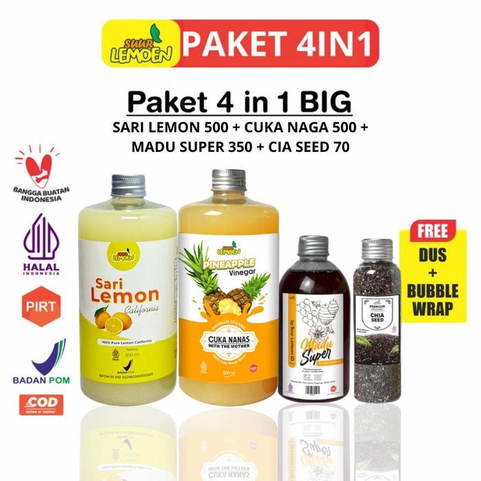 

SUUR LEMOEN Paket 4 in 1 Cuka Apel 500ml Sari Lemon 500ml Madu Hutan Chia Seeds - SUUR LEMOEN