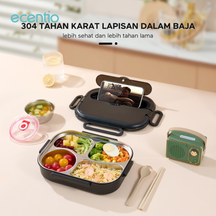 ECENTIO 1L KOTAK MAKAN STAINLESS 304 TEMPAT MAKAN LUNCH BOX 4/5 SEKAT