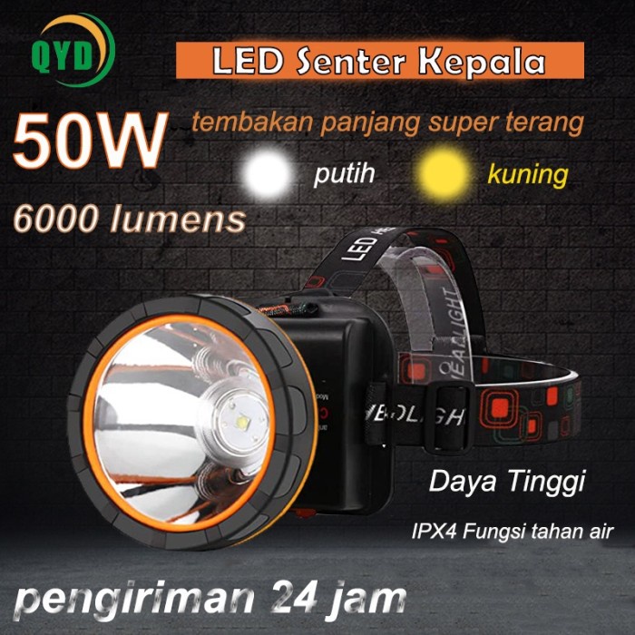 TERBARU QYD Senter kepala Q8801 50watt IPx4 LED Cahaya Putih Super Terang Tahan Air