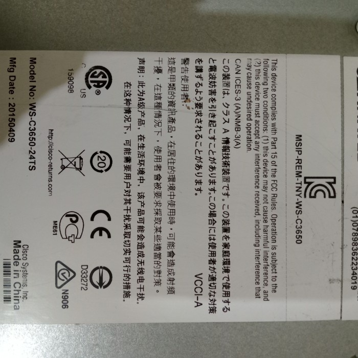 Cisco alyst 3650 24 Port Data 4x1G Uplink Lan Base WS-C3650-24TS