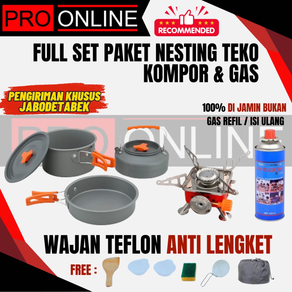 Paket Nesting Camping 2 wajan 1 teko + kompor kotak + gas / kemping gunung Outdoor