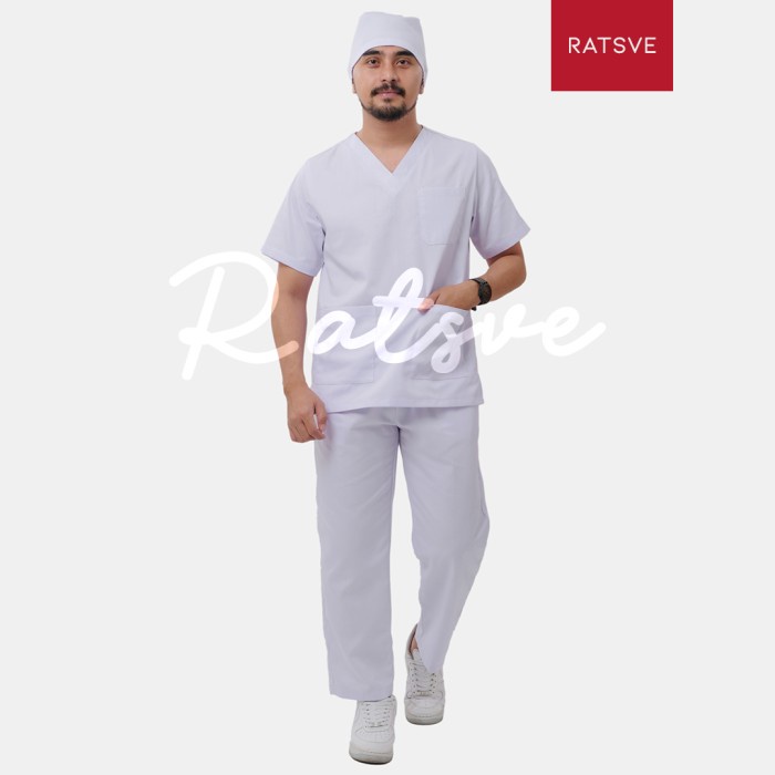 TERBARU Baju Jaga Perawat / Setelan Baju OK Medis Lengan Pendek / Scrub Dokter Ratsve - Warna Putih