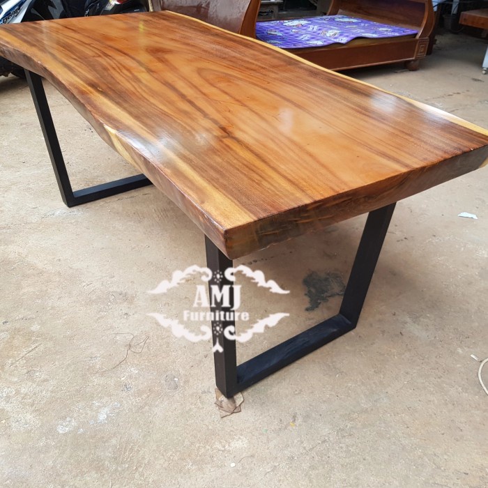 PREMIUM meja makan kayu trembesi corak jati utuh tanpa sambungan jepara murah