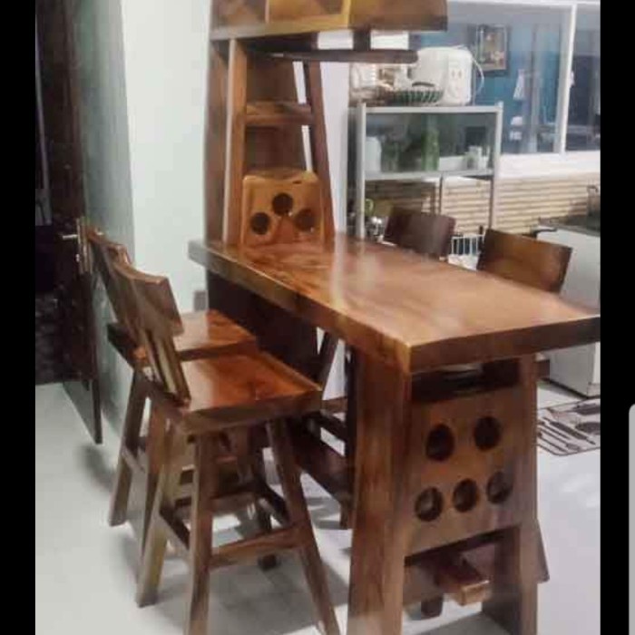 PREMIUM MEJA MINI BAR VINTAGE KAYU TREMBESI 4 KURSI FINISHING NATURAL