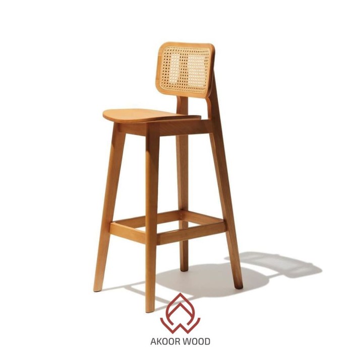 PREMIUM Kursi Bar Stool Tinggi Minimalis Kayu Jati Sandaran Rotan