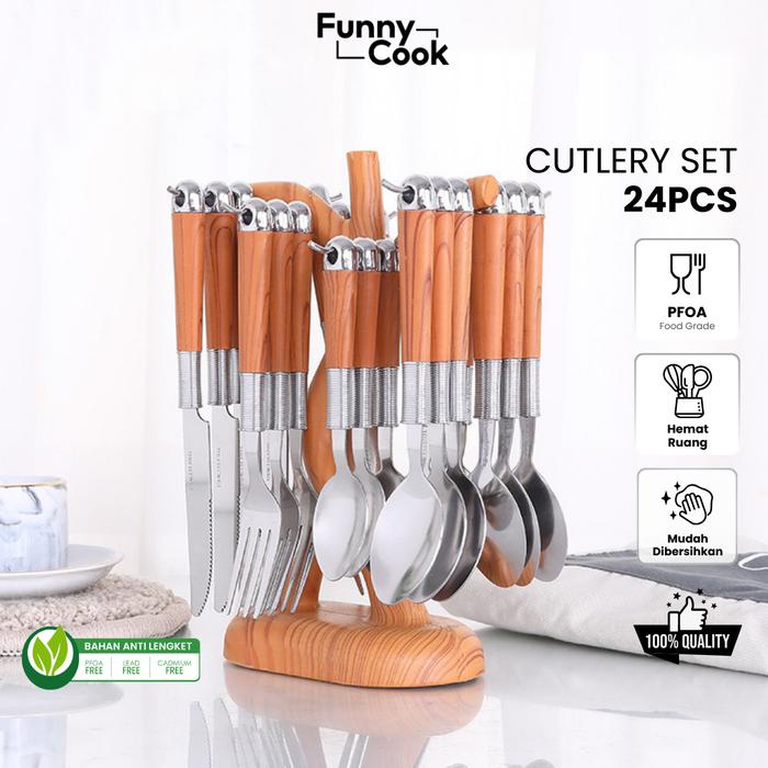 PREMIUM Funnycook SENDOK Makan Kayu Set Caspian 24pcs Motif Pohon Kitchenware