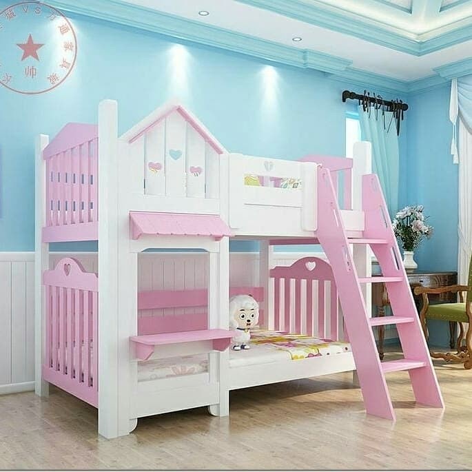 Tempat Tidur Anak Tingkat Pink Ranjang Motif Rumah