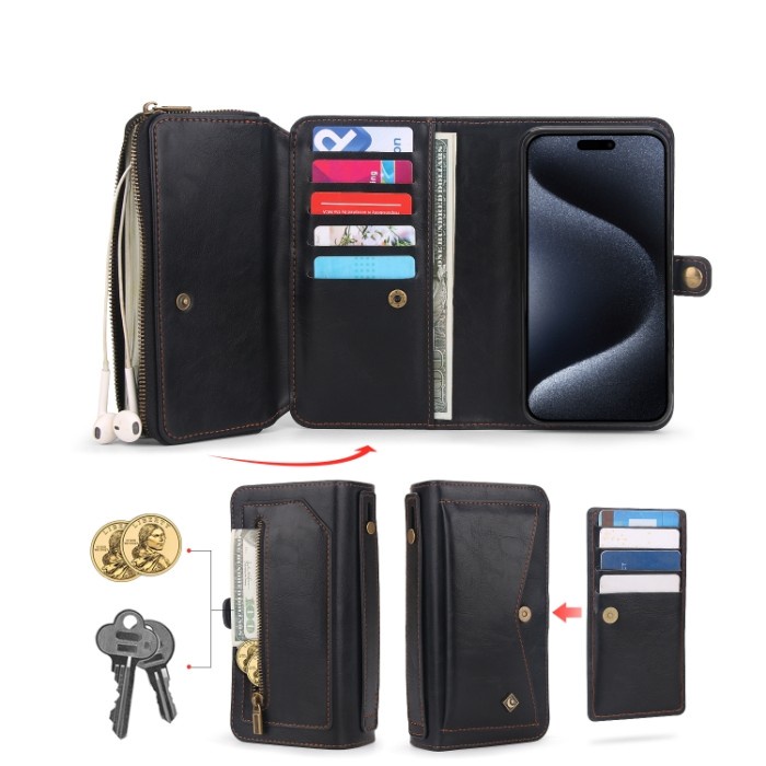 Ss4125 - Multi Zipper Wallet Leather Case Iphone 14 - 15 - Plus - Pro - Max Black Termurah