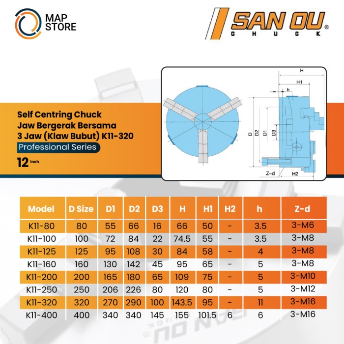 Banyak Dicari Chuck Bubut 12" 3 Jaw / Claw Bubut 3 Jaw / Catok Kepala Bubut 12 Inch