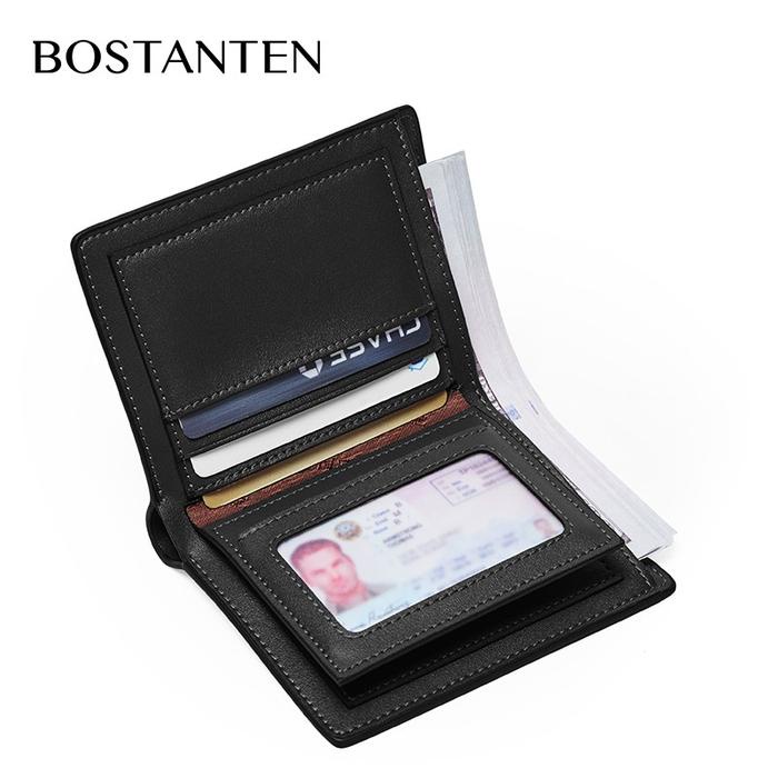 Bostanten Dompet Pria Bahan Kulit Sapi Asli Model Lipat Pendek Hitam/Coklat