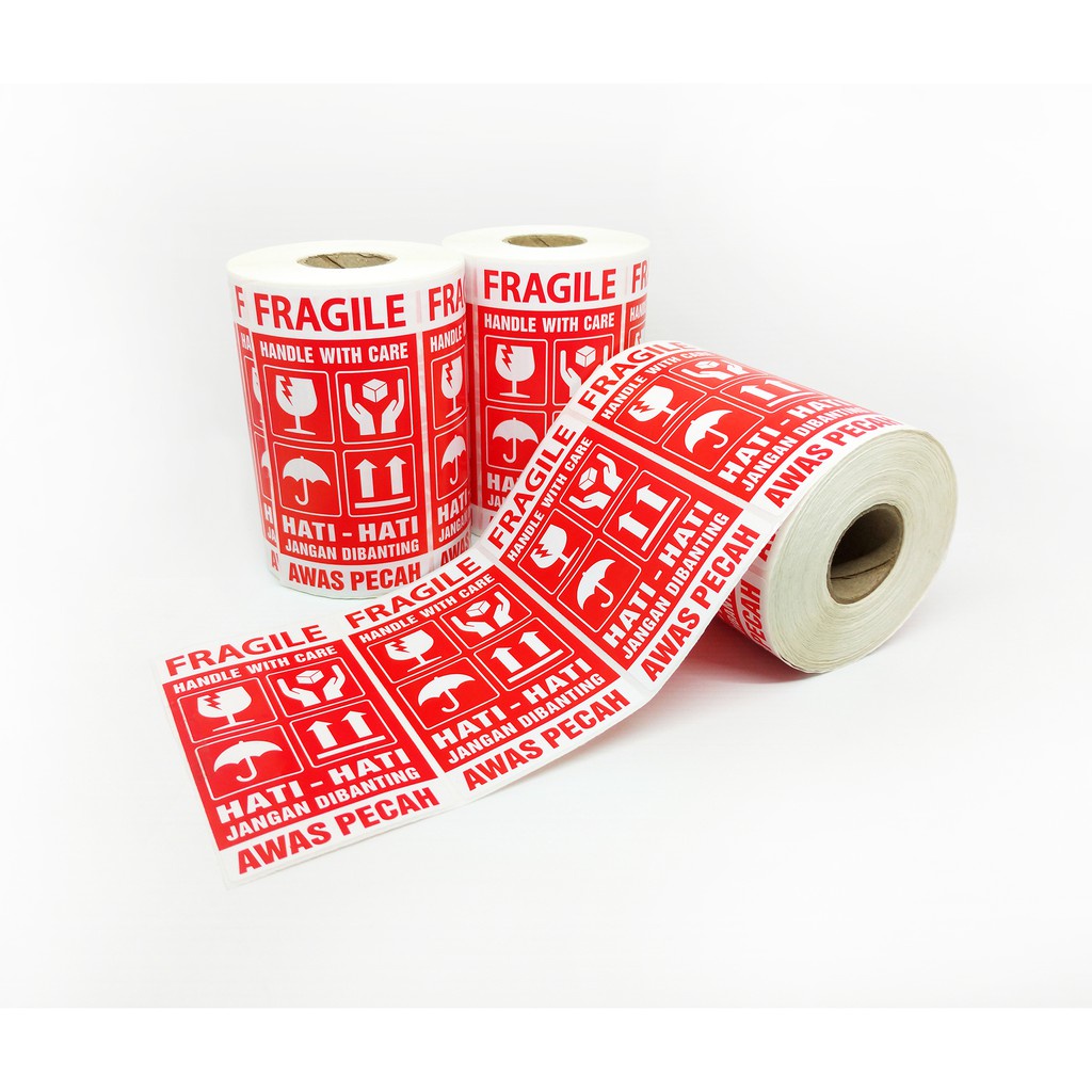 Laris Manis Sticker Label Fragile Stiker Hati-Hati Awas Pecah 9.5 x 5 Cm (1 Roll/500 pcs) Stok