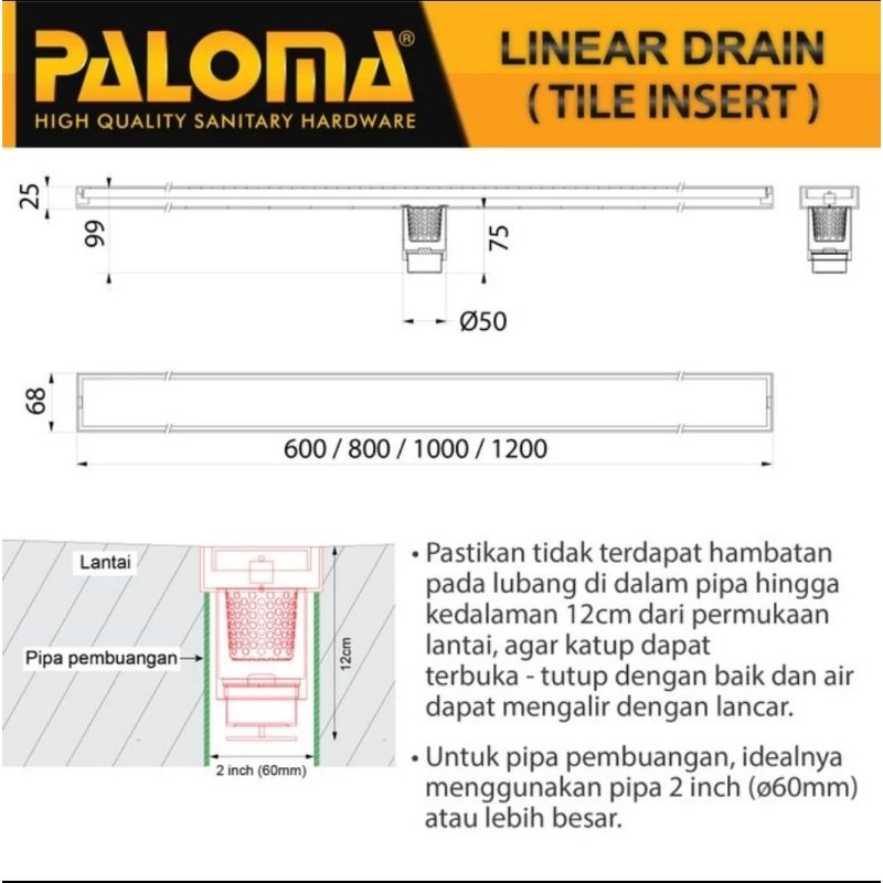 Best Seller PALOMA FDP 5106 / FDP 5108 / FDP 5110 / FDP 5112 Floor Drain Panjang Saringan Kamar