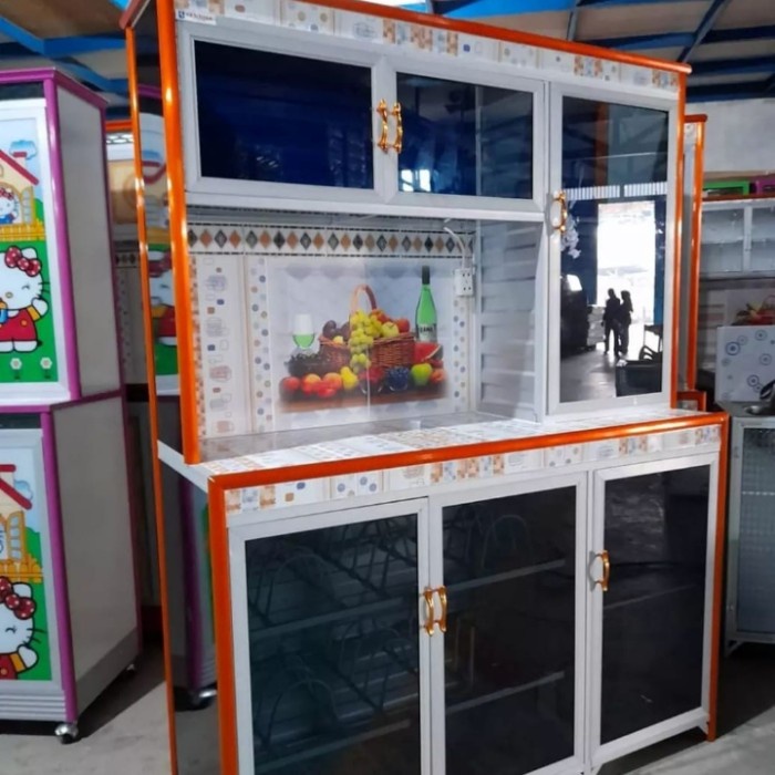 Lemari / rak piring 3 pintu alunium JUMBO kaca riben Bisa Faktur-