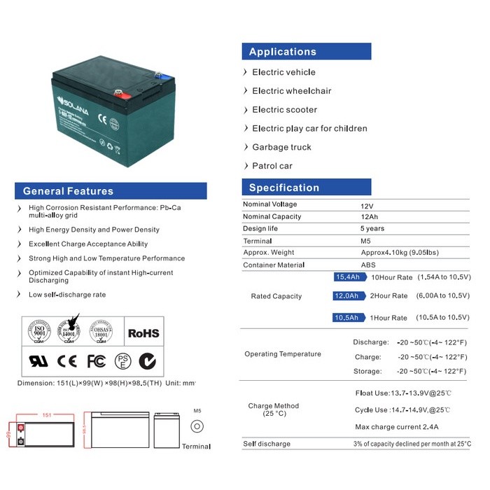 Aki Sepeda Listrik Solana 12V 12AH Kendaraan Listrik