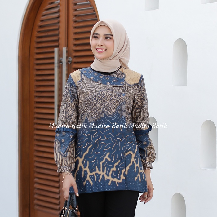 BELLA Blouse Batik Kerja Kantor Wanita Lengan Panjang Modern Blous Atasan Premium Warna Biru Navy