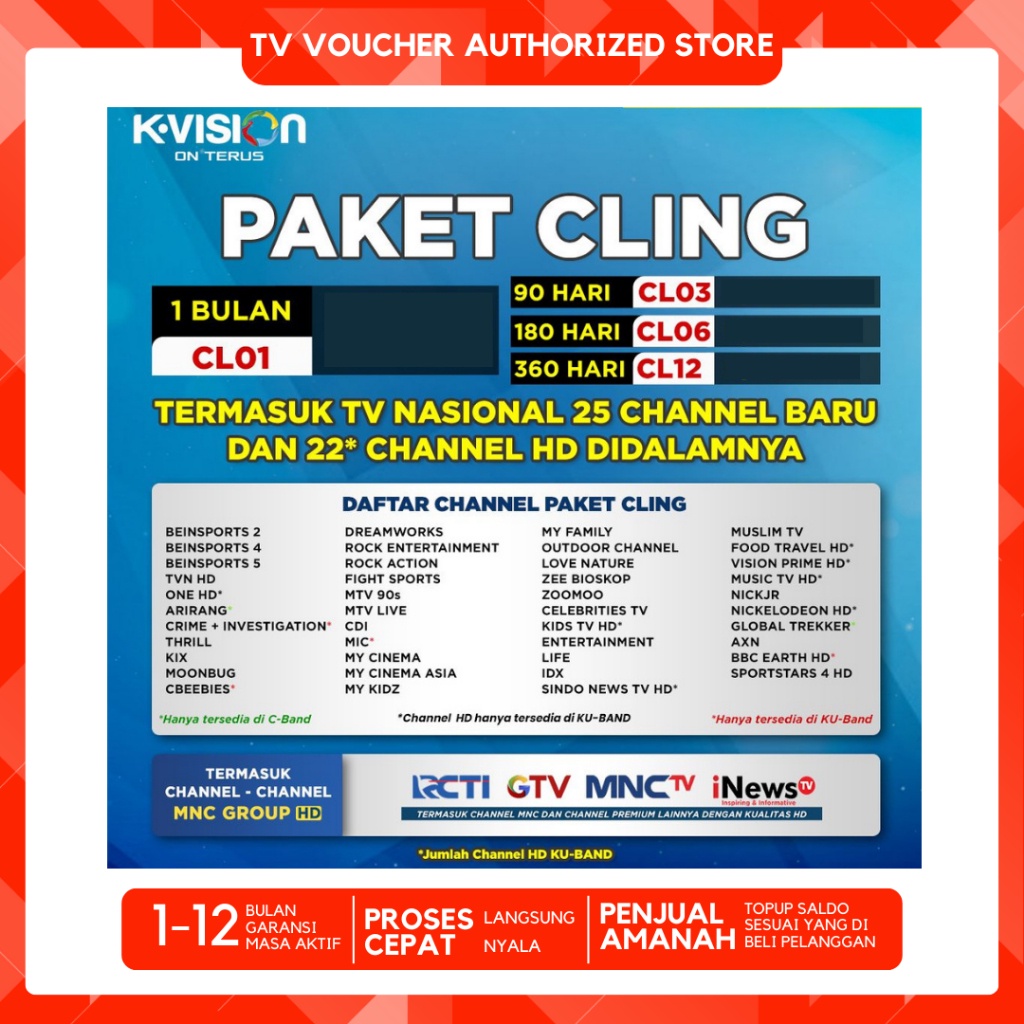 VOUCHER PAKET CLING KVISION 1 3/6 BULAN K-VISION