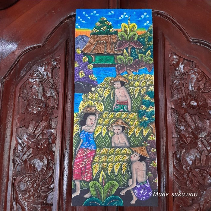 :=:=:=:=] Lukisan Kanvas Panen padi tradisional bali 50cm x 20cm
