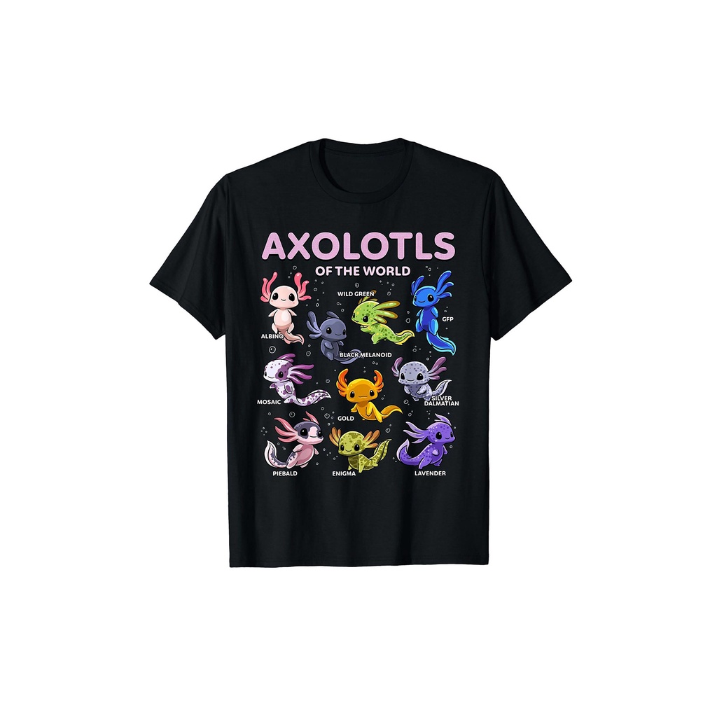 Kaos Axolotl Kawaii Axolotl di Dunia Hewan Axolotl Lengan Pendek Leher Bulat Kaos Hitam
