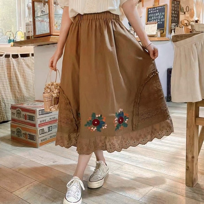 Rok Linen Coklat Bordir Bunga & Lace Korea Import Terlaris