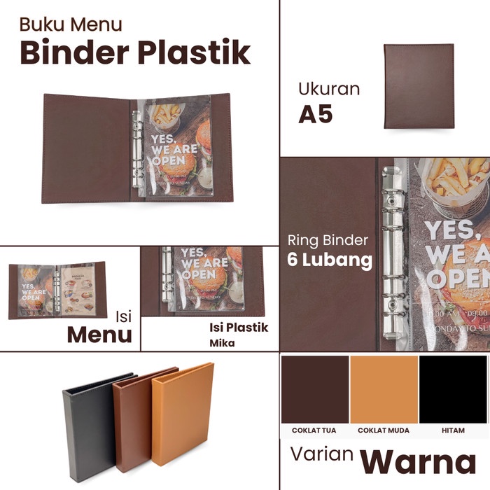 

SALE TERHOTT BUKU MENU JAKARTA - BUKU MENU KULIT RING BINDER 6 LUBANG ISI PLASTIK MIKA A5 COKLAT TUA
