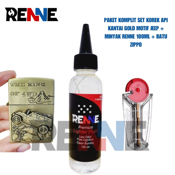 HJK PAKET KOMPLIT KOREK API KANTAI GOLD MOTIF JEEP PLUS MINYAK 100ML + BATU ZIPPO - RANDOM