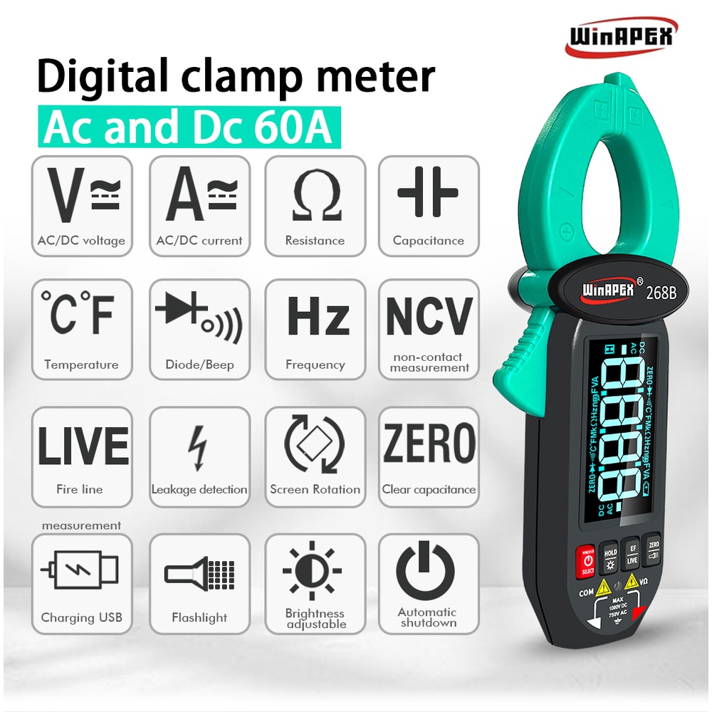 268B Digital Clamp Meter 60A 1000V AC DC Current Clamp True RMS Clamp Amperemeter Voltmeter Diode Te