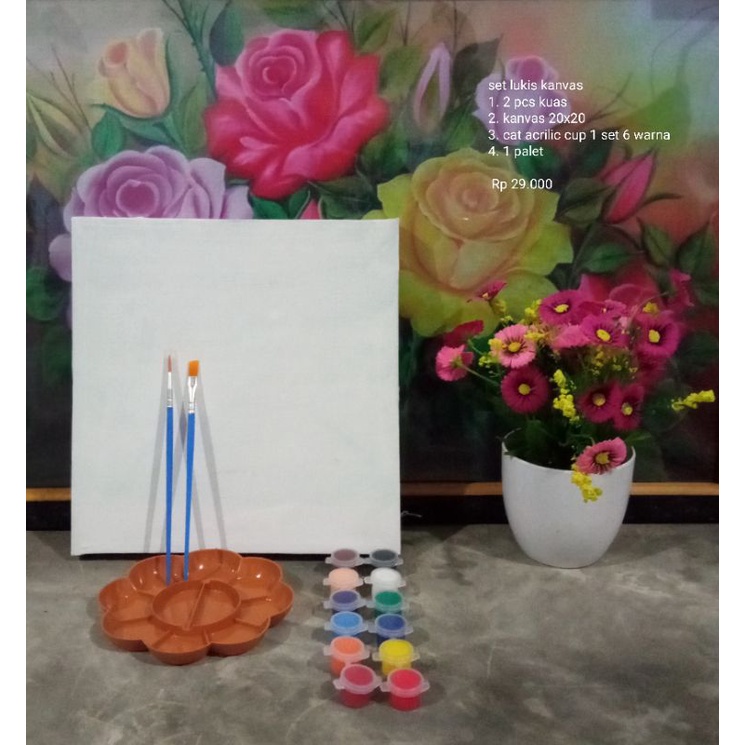 

Premium Set Lukis Kanvas : Cat 6 Warna (Warna Sekunder), Kuas, Palet, Kanvas 20X20