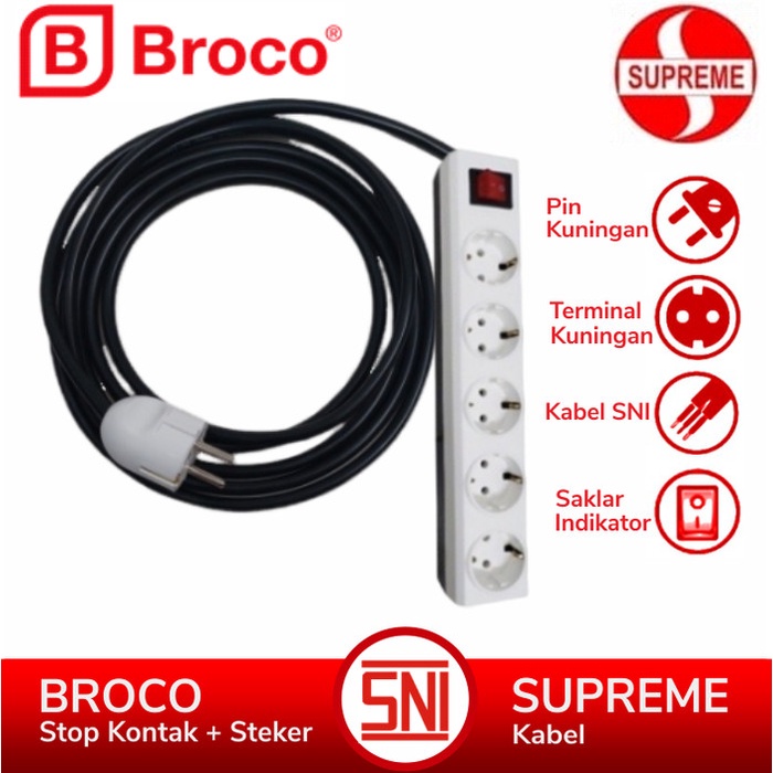 Broco Stop Kontak 3 - 4 - 5 - 6 Lubang Extension Kabel Hitam Supreme 1 - 10 Meter Saklar Lampu