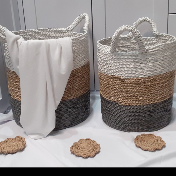 Keranjang Laundry Bulat Anyaman Seagrass With Handle Wadah Box Baju Kotor