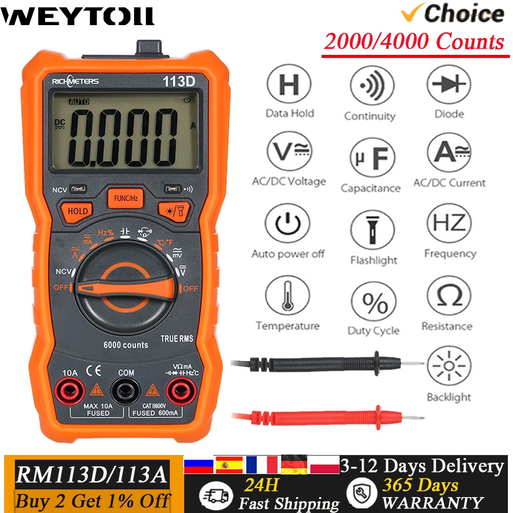 RM113D/113A Digital Multimeter 6000/2000 Counts Auto Ranging AC/DC Voltmeter Temperature Measuring M
