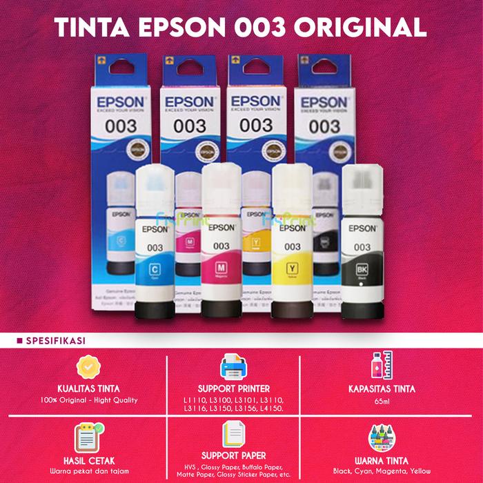 Tinta Refill Epson Original Ori 003 Black Cyan Magenta Yellow 65Ml, Tinta Refill Printer Epson L1110