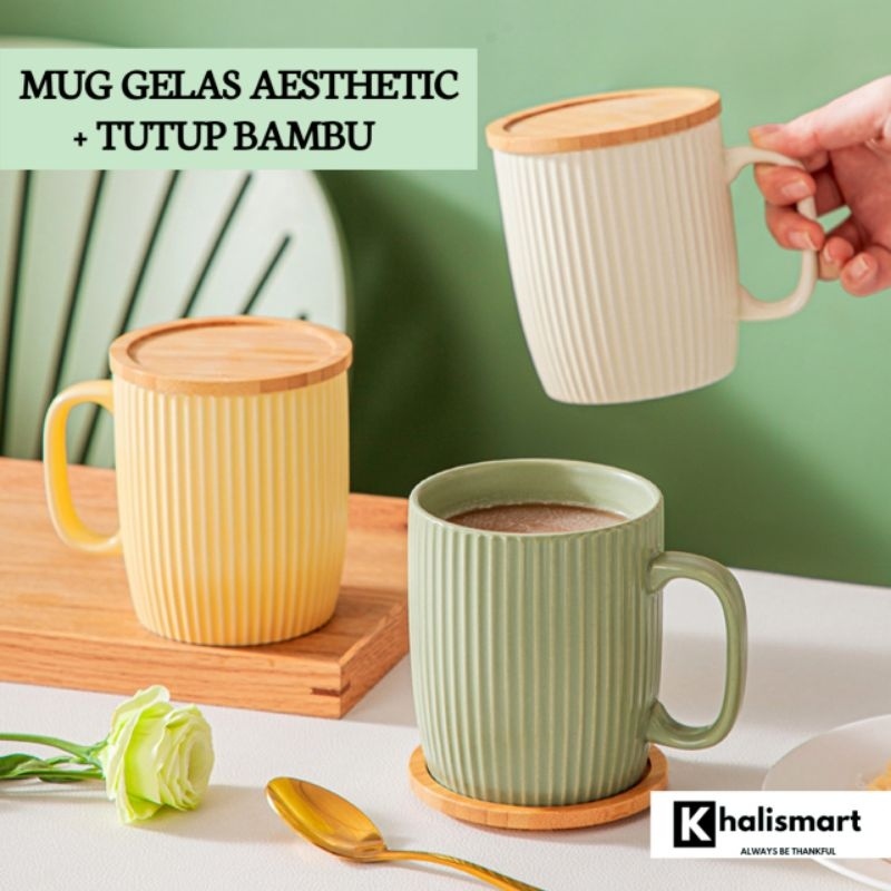 MUG GELAS KOPI TEH SUSU KERAMIK DENGAN TUTUP MUG KERAMIK AESTETHIC + TUTUP 400 ML D3V