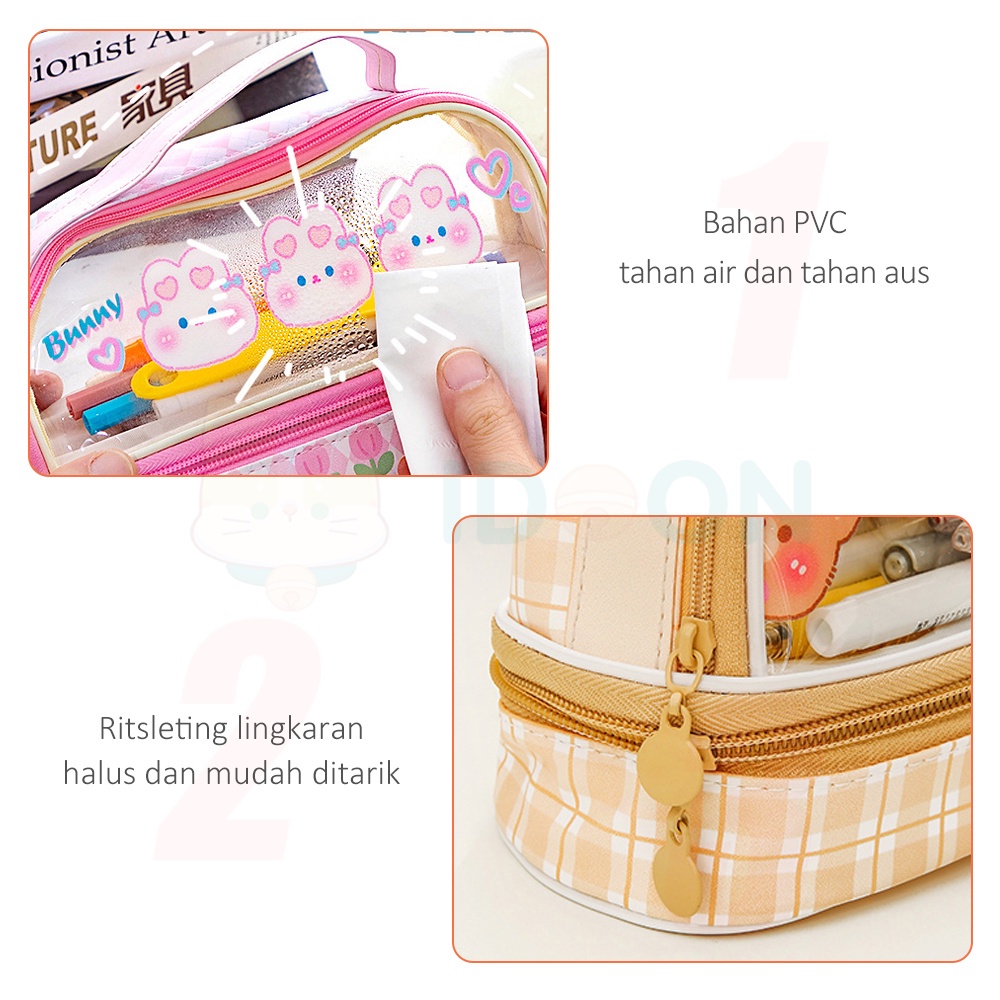 

IDOON Pencil Case Transparan Korea Tempat Pensil Besar Dua Lapis Kotak Pensil Tempat Pola Hewan Lucu