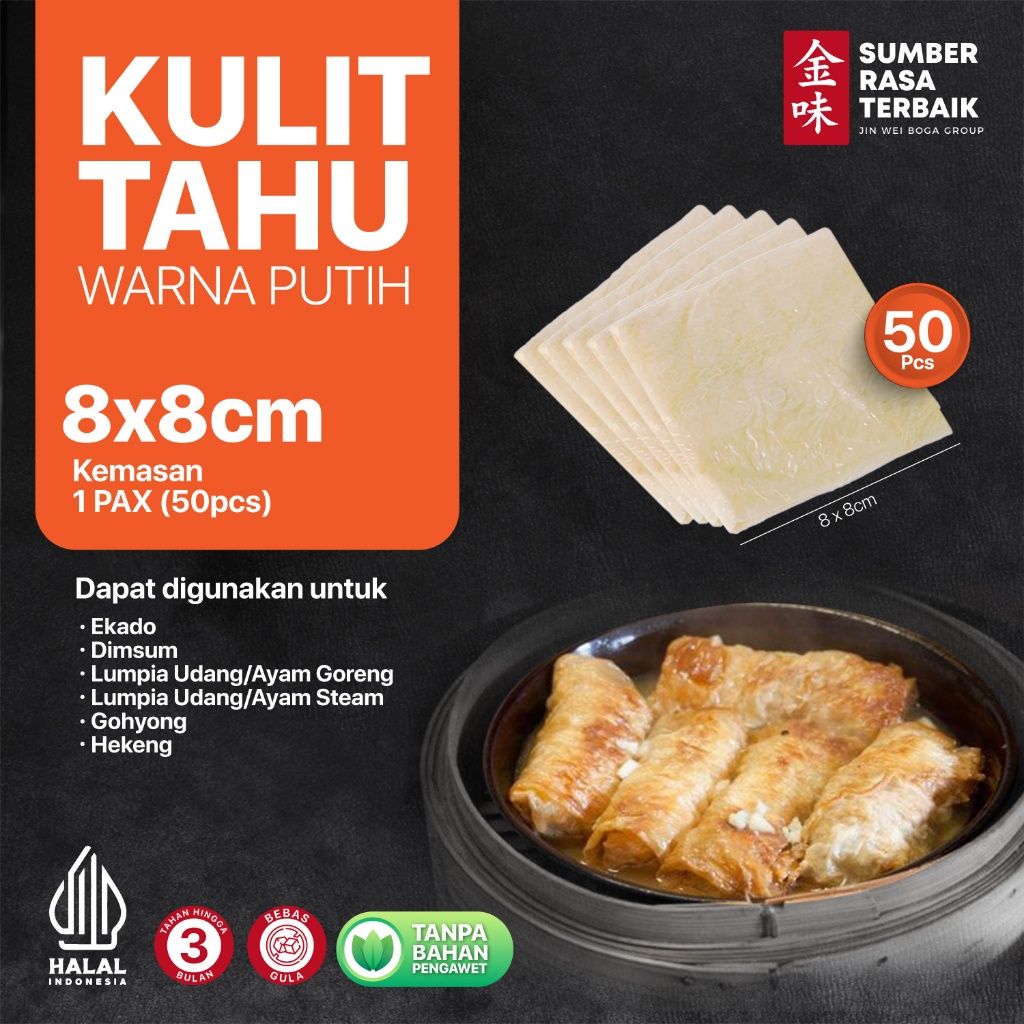 

SRT - KULIT TAHU TAWAR COKLAT 8X8 ISI 50PCS HALAL TEKSTUR LENTUR COCOK UNTUK EKADO DAN LUMPIA AYAM