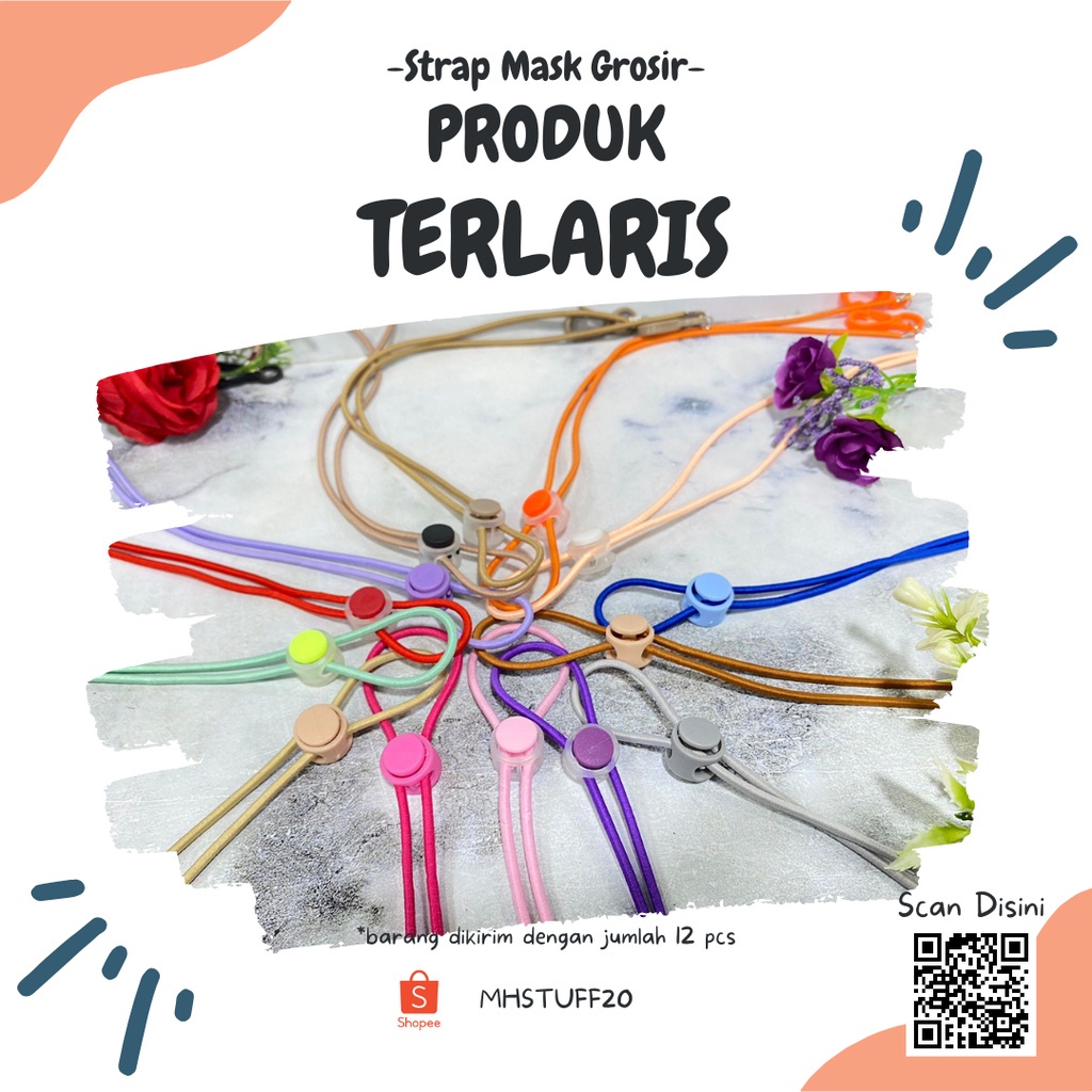 ACCMT- 12 pcs / 1Lusin Strap Mask karet polos Tali STRING 2 in1 Kalung Konektor Masker
