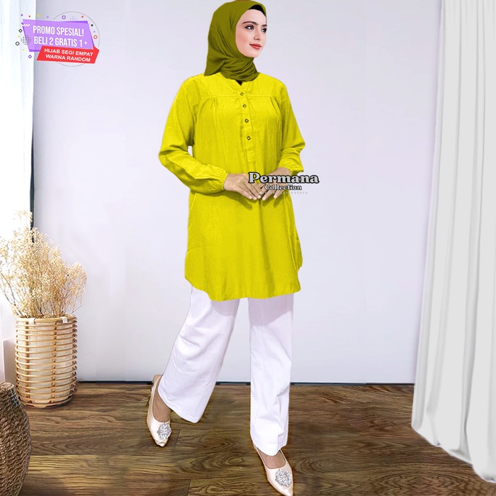 Dapatkan Blouse Wanita Warna Kuning Kenari Baju Atasan Muslimah Lengan Panjang Size Jumbo Kemeja