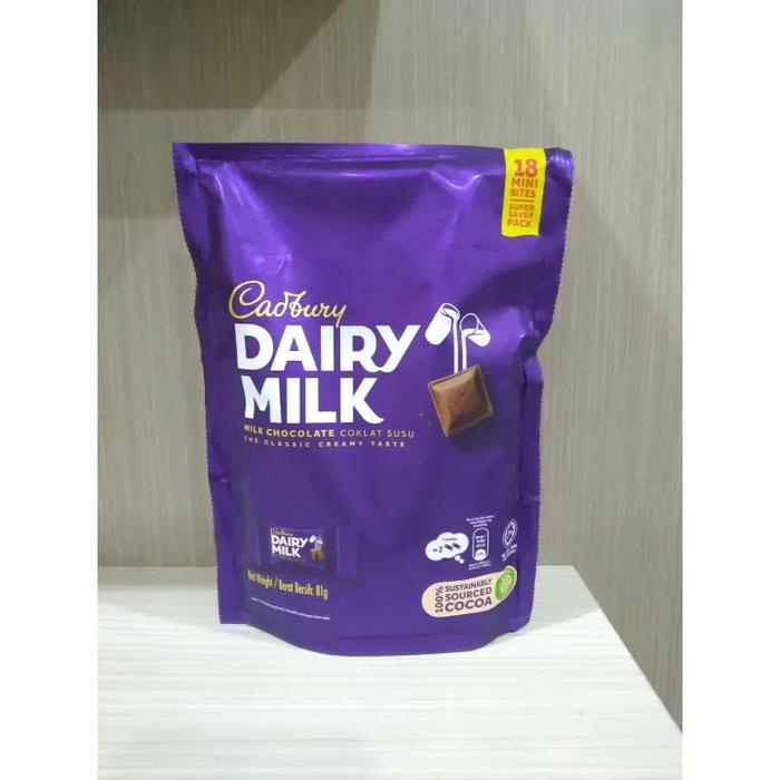 

CADBURY MINI BITES 18 PCS 81GR MALAYSIA, CADBURY DAIRY MILK SHAREBAG SAVER PACK 4.5 GR X 18 coklat