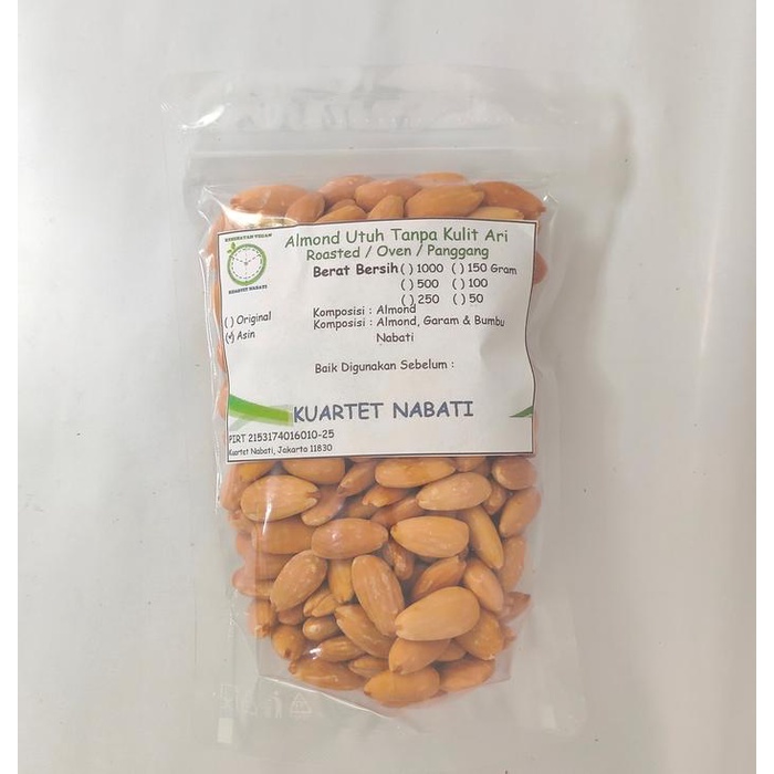 

250gr Roasted Almond Utuh Tanpa Kulit Ari/ Almond Whole Skinless Size Besar 27-30 Dengan Varian Rasa