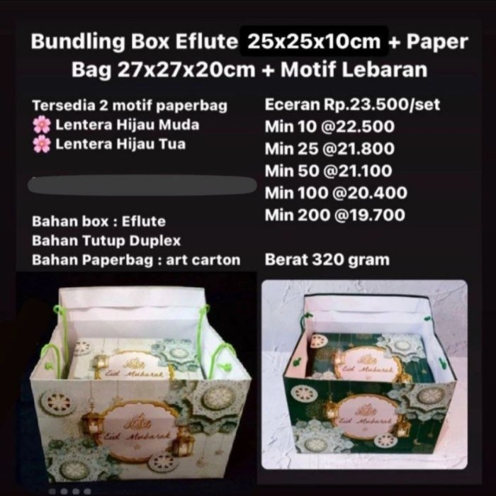 

pernakpernik- Bundling Box Eflute 25x25x10cm + Paper Bag 27x27x20cm + Motif Lebaran