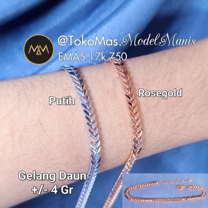 Gelang Sisik Daun Rantai Kaca Kilap Emas Putih 750 kadar 18k