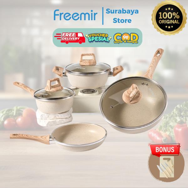 (Bisa Cod) Freemir Set Sultan Beige Double Bottom Wajan Penggorengan Teflon Wok Pan Granit