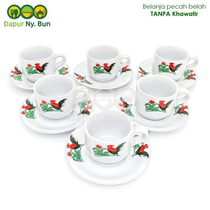 Ikr - 6 Pasang Cangkir Set Kopi Motif Ayam Jago Jadul / Gelas & Saucer