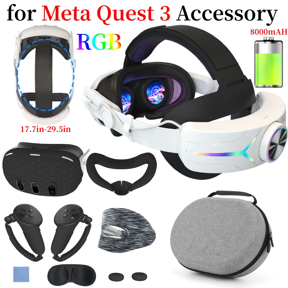 For Meta Quest 3 Accesories Adjustable VR Headset Comfortable Head Strap RGB LED Backlight 8000mAh B