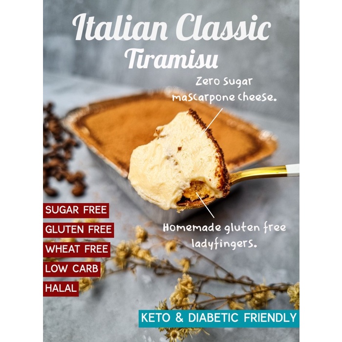 

Italian Tiramisu Cake - Halal, Sugar Free, Gluten Free, Diet, Keto